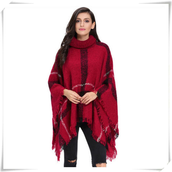 Sweaters - Plaid Poncho Sweater with Turtle Neck ONE SIZE